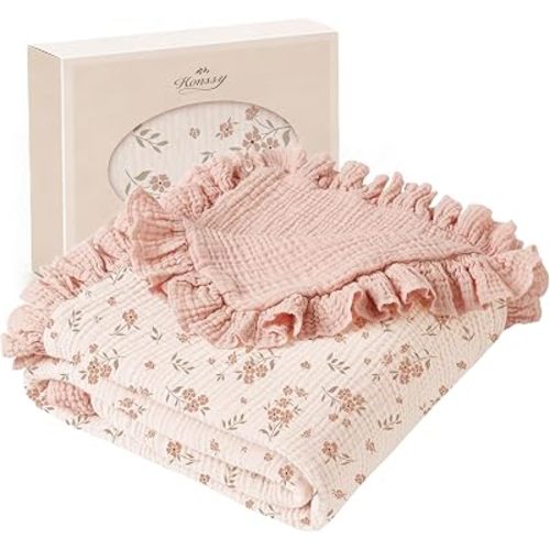 Konssy 100% Cotton Muslin Baby Blanket with Ruffle Trim for Girls, 43"x39"