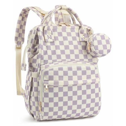 Corduroy Diaper Bag Backpack, Large Capacity Multifunction Baby Diaper Bags for Women, Insulated Bottle Pockets & Pacifier Case, Stylish Travel Nappy Changing Bags for Mom Dad (Checkered Purple)