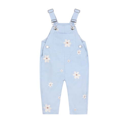 Baby Girl Light Blue Overalls with White Daisy Embroidery, Adjustable Straps, 6M-3T