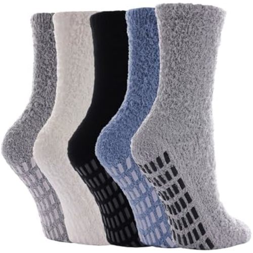5 Pairs Fuzzy Socks with Grips for Women, Non Slip Cozy Fluffy Soft Socks, Winter Sleep Slipper Hospital