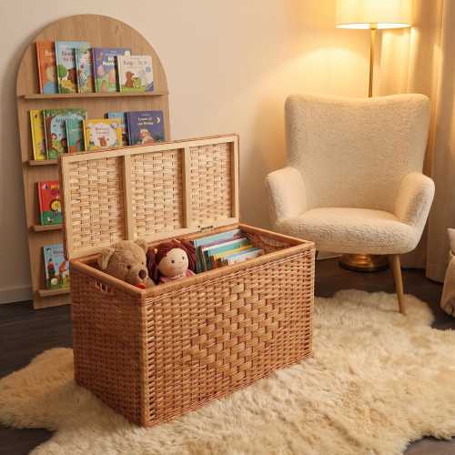 Wicker Toy Chest with Lid, Wicker Trunk, Blanket Basket, Toy Storage Box, Rattan Storage Chest, Large Woven Basket, Rustic Home Decor