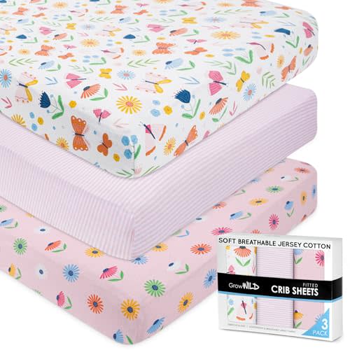 GROW WILD Fitted Crib Sheets 3pck, 52”x28” Butterflies & Flowers Sheet | | Soft Jersey Knit Cotton Crib Bedding Set for Baby Girls, Breathable Snug Elastic Fit for Crib Mattresses & Toddler Bed Sheets