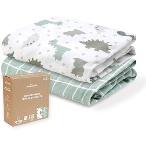Organic Cotton Bassinet Sheets Boy - 2pk Baby Bed Sheets, Sage Dino