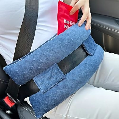 Hysterectomy Pillow Post Surgery Hysterectomy Recovery Must Haves Gifts Seatbelt Pillows with Pocket for Hot Cold Pack, After Surgery Abdominal Tummy Tuck Car Pillow Minky Dot Denim Blue