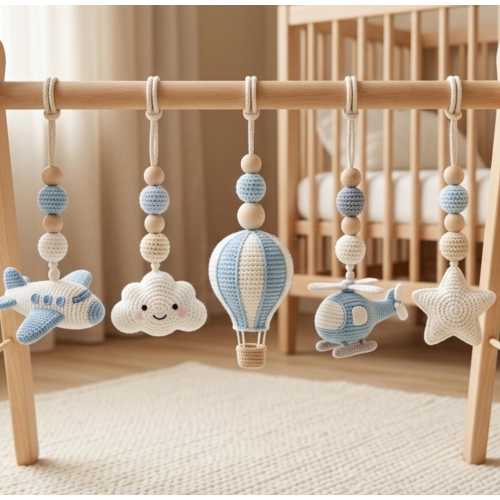 Crochet Airplane Baby Play Gym, Wooden Montessori Activity Gym, Aviation Nursery Decor, Neutral Baby Gym Toys, Baby Shower Gift