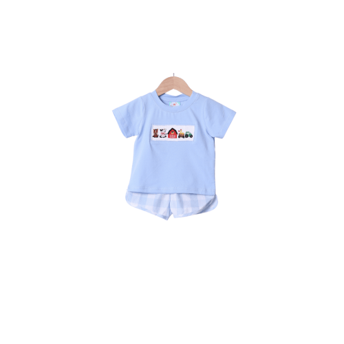 Smocked Farm Fun Blue Gingham Short Set