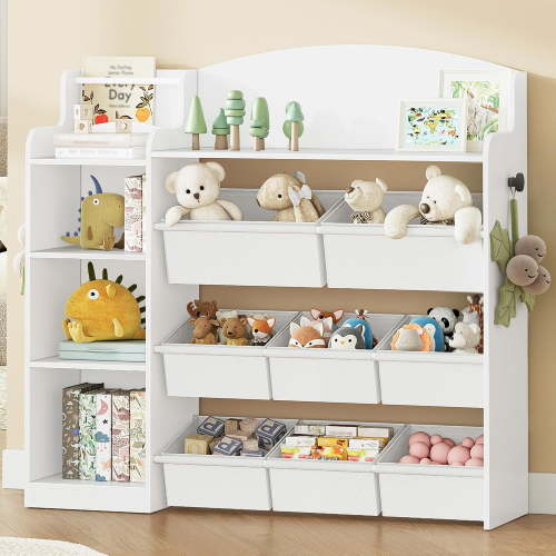 Toy Storage Organizer, Toy Shelf with 8 Storage Bins, Playroom Storage, Kids Bookshelf, 4-Tier Toddler Bookshelf for Children's Room, Bedroom, Living Room, Study Room, Nursery White KB42003W