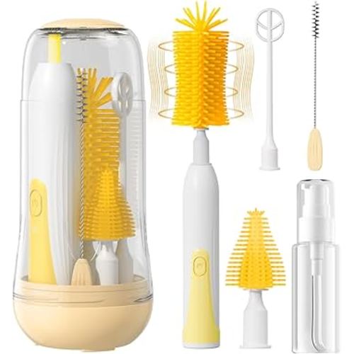 Electric Bottle Brush Cleaner, Rechargable Electric Baby Bottle Brush Cleaner with Nipple & Straw Brush, Travel Baby Bottle Cleaner Brush Set with Drying Rack and Storage Box, Yellow