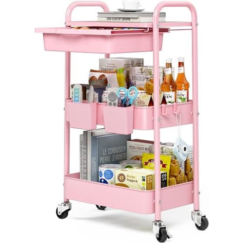 KINGRACK 3 Tier Metal Rolling Cart with Drawer, Pink Utility Storage Cart | 2 Cups & 4 Hooks, Lockable Wheels, Trolley Organizer for Bathroom, Kitchen, Office, Nursery, Dorm, Laundry, Craft Room