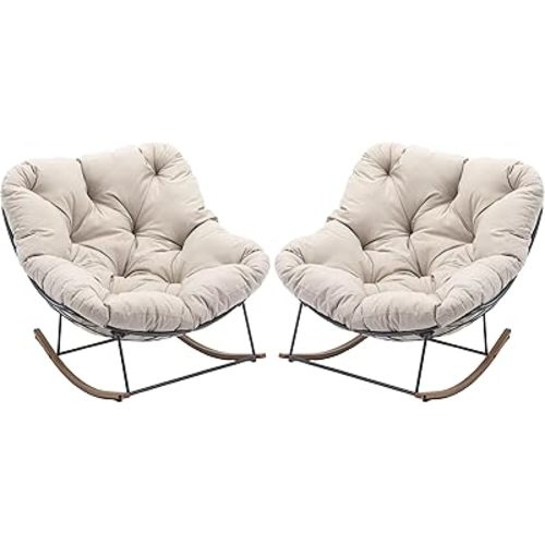 Outdoor Rocking Chairs Set of 2,Oversized Papasan Chair with Cushion and Frame, Comfy Modern Rocker Egg Chair for Living Room, Garden Backyard(Beige,2PC)