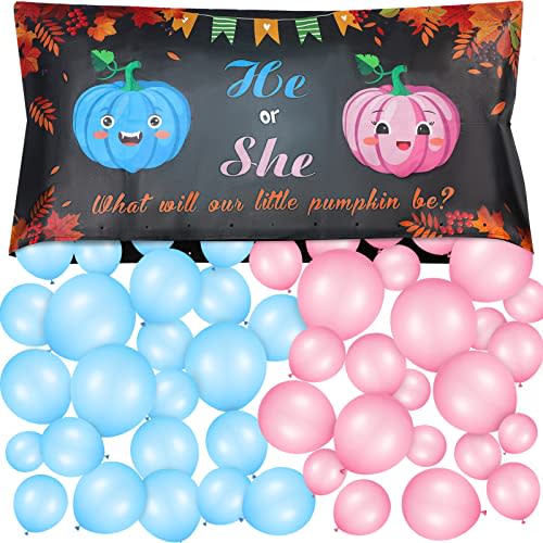 57 Pcs Fall Gender Reveal Decoration Balloons Kit, Blue & Pink, Pumpkin | Drop Bag & Balloons & hook, boy or girls Gender Reveal Ideas, For Fall Autumn Thanksgiving Party Baby Shower Celebration