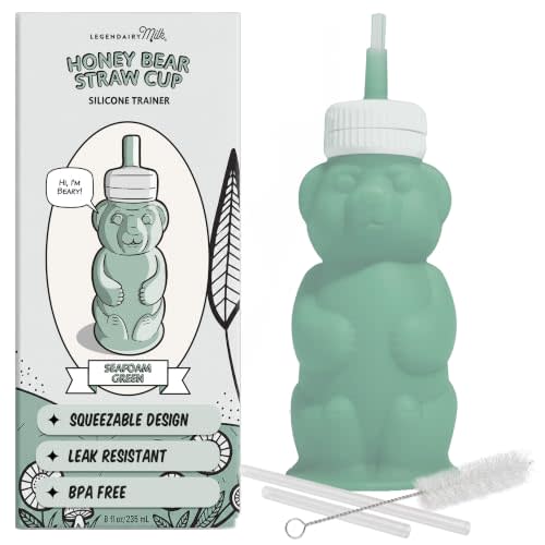 Legendairy Milk Honey Bear Silicone Straw Sippy Cup, Green, 8 oz, 4+ Months | Helps with bottle-to-cup transitions; liquid never touches plastic. BPA- and phthalate-free, dishwasher safe, brush included.
