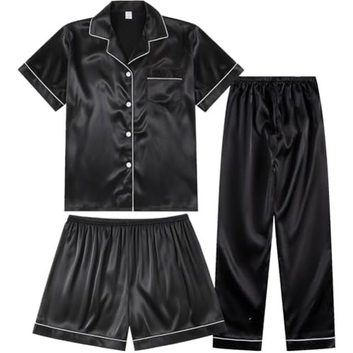 3 Piece Silk Satin Pajama Set for Women Soft Short Sleeve Button Down Pjs with Shorts Long Pants Sleepwear S-XXXL
