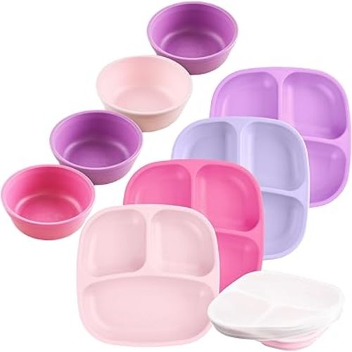 Re-Play Dinnerware Set for Toddlers - Kids Dining Set of 4 Cereal/Snack Bowls and 4 Divided Compartment Plates with 1 Lid - Dishwasher/Microwave Safe - Made in USA - Princess