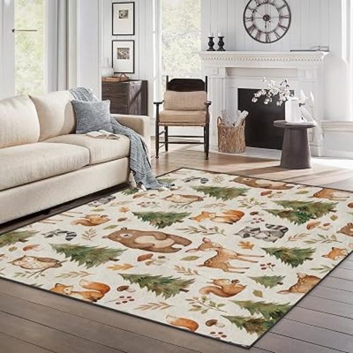 Area Rugs 5'x7' Washable Rug, Woodland Watercolor Forest Stain Resistant Non Slip Backing Animals Nursery Carpet for Living Room Bedroom Dining Room