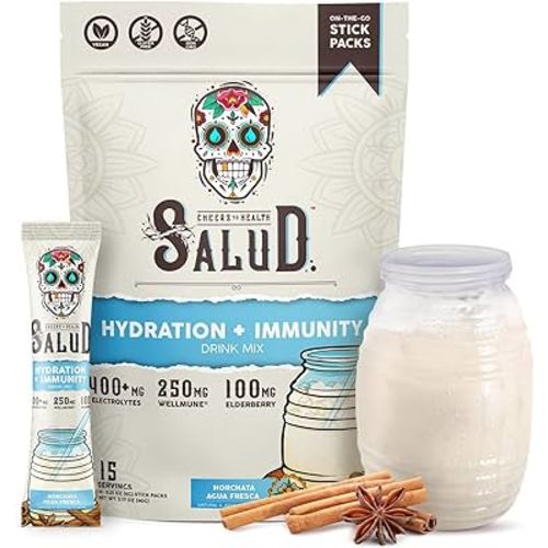 Salud 2-in-1 Hydration Packets + Immunity Electrolytes Powder, Horchata - Agua Fresca Drink Mix, Elderberry, Dairy & Soy Free, Non-GMO, Gluten Free, Vegan, Low Calorie, 1g Sugar (15 Servings)