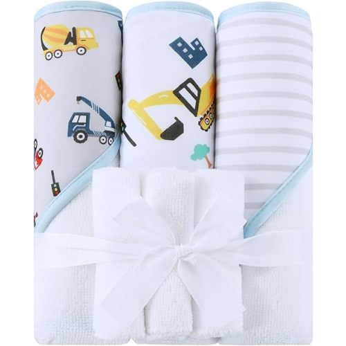 Viviland 6 Pcs Hooded Baby Towels and Washcloths Set, Super Gentle Bath Towels for Newborn Face & Body, Absorbent Wash Cloth for Infants Boys, Grey-Excavator Pattern, 28 x 28 inch