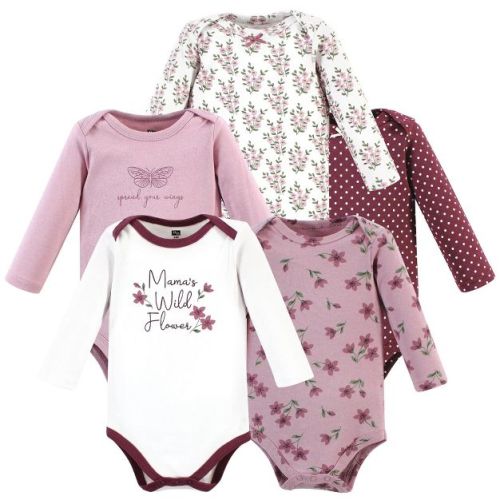 Hudson Baby Infant Girls Cotton Long-Sleeve Bodysuits, Plum Wildflower 5 Pack, 3-6 Months