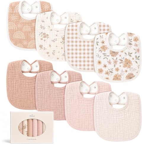 Konssy 8-Pack Muslin Baby Bibs, Adjustable Fit for Drooling and Teething | Soft Absorbent, Drool Bibs for Baby Boys Girls, Cotton Front with Fleece Backing, Newborn to Toddler 0-36M