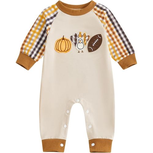 Newborn Baby boy Thanksgiving Outfit Turkey My Rolls Are Homemade Romper Waffle Plaid Long Sleeve Jumpsuit Clothes