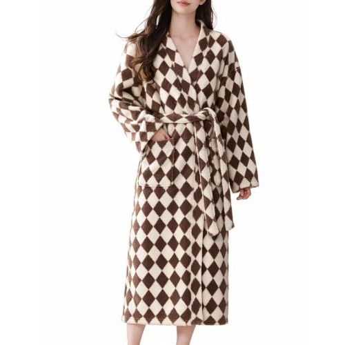 Womens Fuzzy Fleece Robes Warm Soft Plush Long Bathrobes | Midi Length, Grid, Color Block, Roomy Pockets, Kimono Collar, Cozy Thick Loungewear, Fluffy Housecoat, After Shower, Gifts