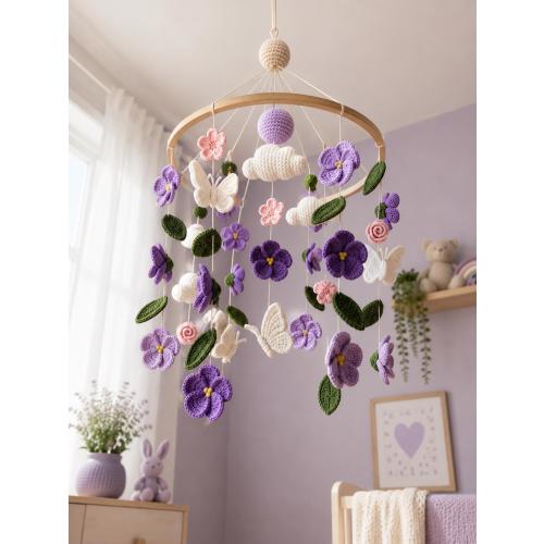 Crochet Butterfly Floral Baby Mobile, Purple Flower Crib Decor, Lavender Nursery Decoration