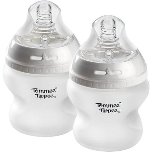 Tommee Tippee Silicone Coated Glass Baby Bottles for Feeding, 5 0z, Anti-Colic, 0+ Months, Slow Flow Breast-Like Nipple, Shatter-Proof Glass, BPA Free, Pack of 2