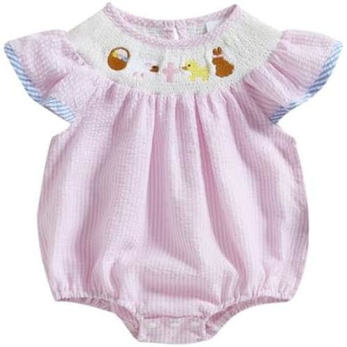 Kayotuas Newborn Baby Girls Halloween Outfit Smocked Bubble Romper Embroidery Pumpkin Ghost Bodysuit Toddler Fall Clothes