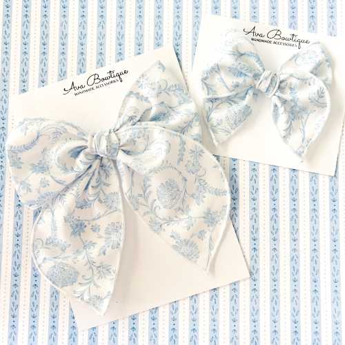 Blue Toile Hair Bow Baby Headband Cottagecore Girls Clip French Country Toddler Barrette Floral Boutique Accessory Shower Gift Idea