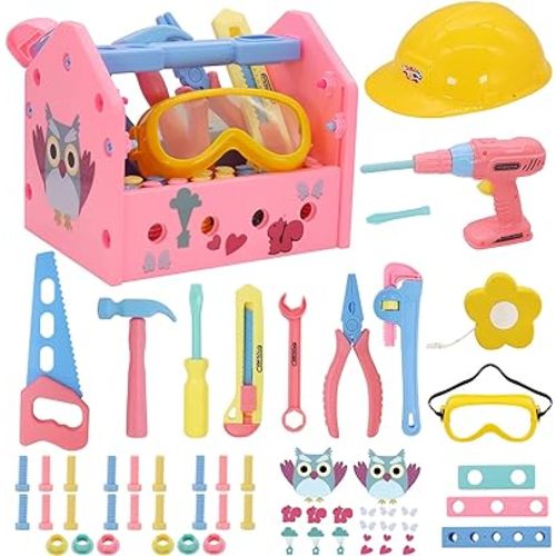 Magic4u Toy Tool Set Girl Pretend Play Construction Tool Accessories Tool Toys with Hat Tool Box Tape Measure Toy Electric Drill Hammer