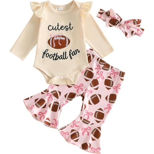 Karuedoo Newborn Infant Baby Girl Football Outfit Romper Flared Pants Set