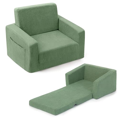 Bubble Ball Comfy Kids Couch, 2-in-1 Foldable Kids Sofa Chair, Green | Convertible Kids Sofa for Bedrooms and Playrooms, Couch for Boys & Girls, Foam Support and Corduroy Comfort