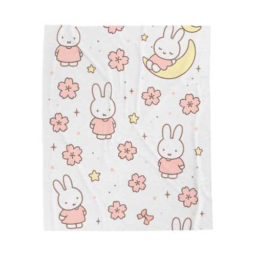 Pink Sleep Bunny Blanket Kawaii Velveteen Plush Throw, Soft Baby Pink Floral Bedding, Cute Cozy Home Decor