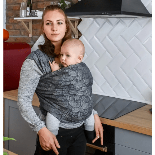 Woven Baby Wrap Carrier - cotton - Grey Leaves