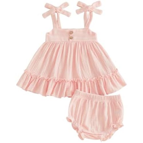 PUHHAPIEY Toddler Baby Girl Summer Outfit Clothes Bow Embroidery Striped Sleeveless Tops Vest Dress Bloomers Shorts Set