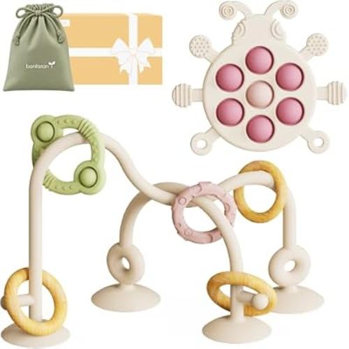 High Chair Suction Cup Toy & Teething Toy Set, Sensory Toy [Beige]