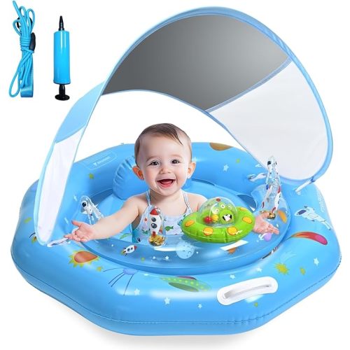Baby Pool Float with Canopy & Toy Console,Adjustable Safe Seat,Removable UPF50+ Sunshade,Infant Pool Float for 6-36 Months,Baby Floaties 6-12 Months with Safety Handle & Rope for Pool,Sea