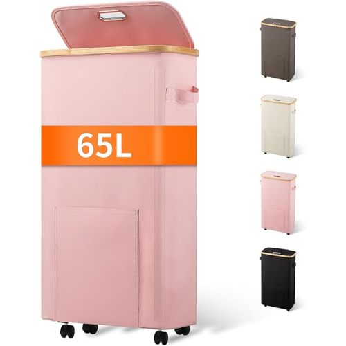 Slim Laundry Basket with Wheels, Tall Dirty Clothes Hamper on Wheels, Narrow Rolling Laundry Hamper with lid for Dorm, Bedroom and Bathroom, 65L Pink