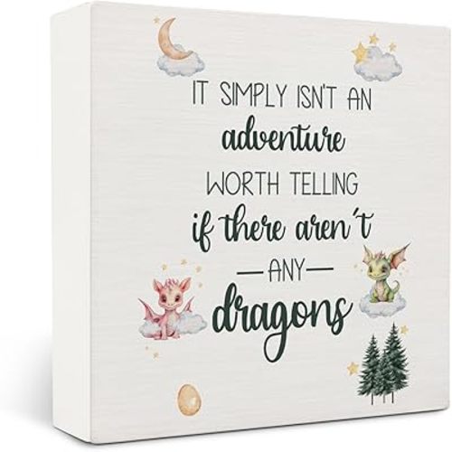 Fantasy Dragon Nursery Wooden Box Sign Desk Decor, Enchanted Forest Cute Dragon Wood Block Sign for Kids Room Nursery Playroom Desk Table Shelf Wall Decorations, 5x5 Inch