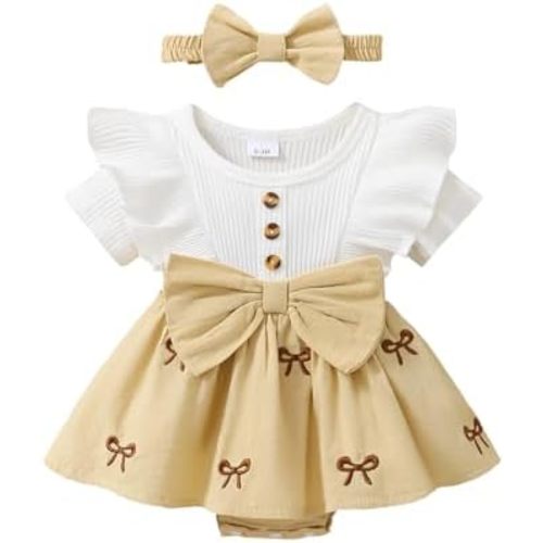 Baby Girl Summer Clothes Newborn Romper Dress Ruffle Short Sleeve Onesie Jumpsuit Outfits with Bow Headband