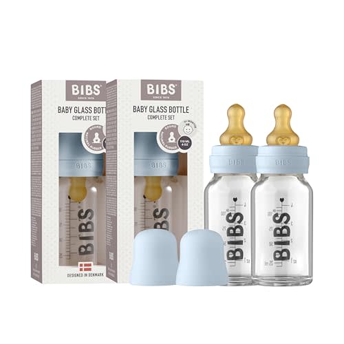 BIBS Glass Bottle, 3.7 oz/110 ml, 2-Pack, Natural Rubber Nipple, Baby Blue | Borosilicate Glass | Anti-Colic | BPA-Free | Dishwasher Safe | Supports Natural Feeding