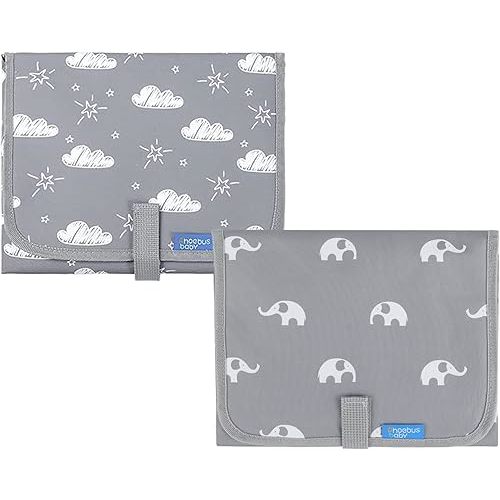 Baby Portable Changing Pad Travel - Waterproof Compact Diaper Changing Mat with Built-in Pillow - Lightweight & Foldable Changing Station, Newborn Shower Gifts (Clouds and Elephant)