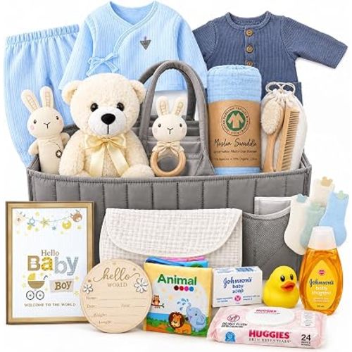 New Baby Boy Gift Basket | Unique Gift Set in a foldable diaper bag for a New MOM Light Blue Gift Set. Welcome Baby Care Package w/Newborn Essentials for Expecting Moms Baby Shower, After Labor Gift