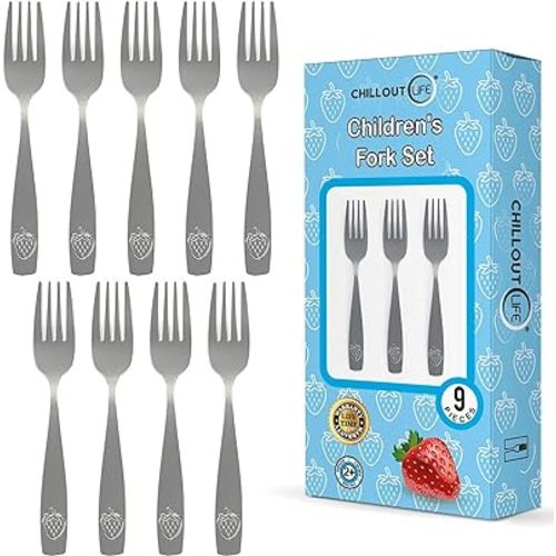9 Piece Stainless Steel Kids Forks - Child and Toddler Safe Flatware - Kids Utensil Set - Metal Kids Cutlery Set - Includes a Total of 9 Small Kids Forks