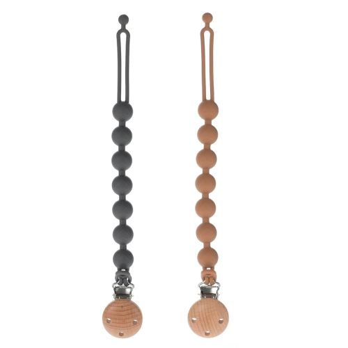 Silicone Pacifier Clips for Baby, 2-in-1 One Piece Design Pacifier Holder & Teething Ring Toy, BPA Free, 2 Pack (Clay+Dark Grey)