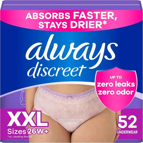 Always Discreet Adult Incontinence Underwear for Women and Postpartum Underwear, XXL, Up to 100% Bladder Leak Protection, 52 Count (4 Packs of 13)