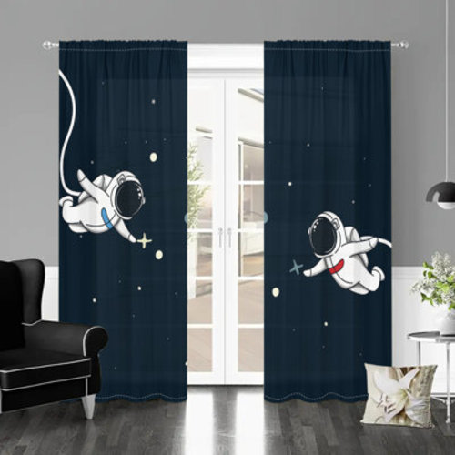 East Urban Home 2Pcs Cartoon Astronaut Space Curtains Starry Universe Panel Drapes Rod Pocket Darkening Window Treatment Polyester Curtain for Living Room Bedroom Kids Theme Home Decor | Wayfair
