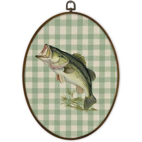 Gnmduw Bass Fish Checkered Oval Wall Art Framed, Vintage Boys Nursery Canvas Prints Hanging Decoration, Hunting Fishing Nursery Wall Decor for Kids Room, Fish Room Decor for Boys, 8.7x11.3 Inch