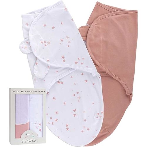 Ely's & Co. Adjustable Swaddles for Newborn, Baby Swaddles 0-3 Months, Swaddle Sack for Baby Girl, 100% Cotton, 2 Pack (Dusty Rose and Mauve Pink Star)