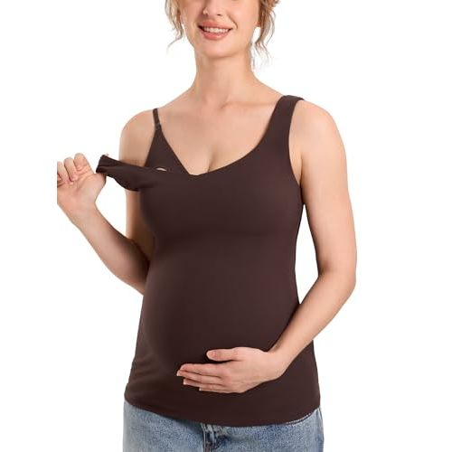 MOMANDA Maternity Nursing Tank Tops with Built in Bra Sleeveless Casual Pregnancy Tee V Neck Workout Shirt
